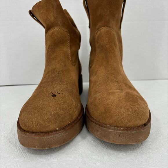 Lucky Brand Ankle Bootie Size 9 Camel Tan Suede Leather Pull On Rhetty Boots - Picture 2 of 11